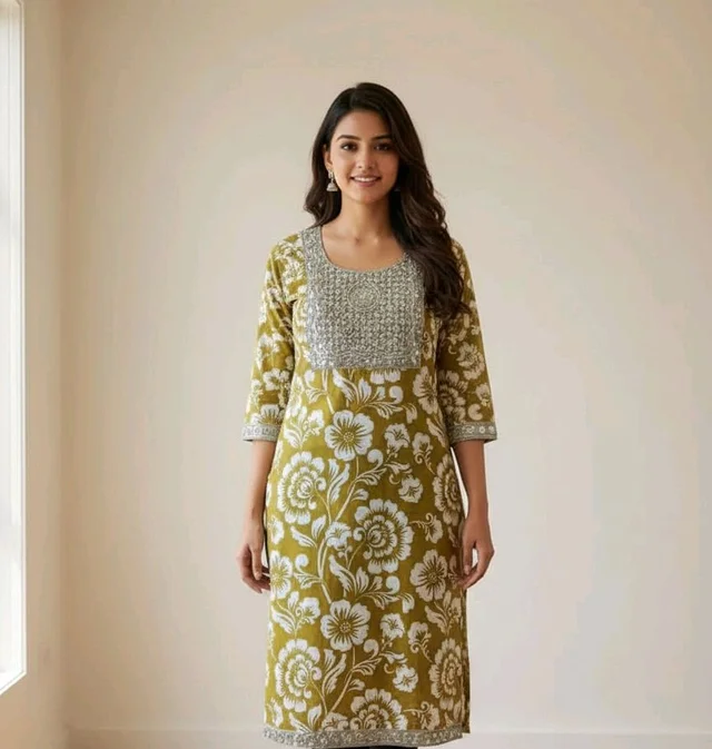 Women’s Printed Kurti | XL Size | Mustard Yellow Floral Kurti | 37 Inch Length | No Pant - XL size, mustard yellow