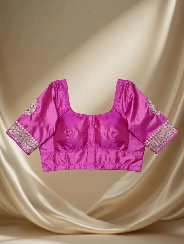 Pink Silk Designer Blouse – Round Neck & Deep V Back - 36, Pink Flamingo