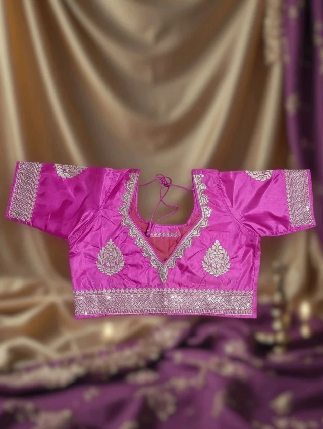 Pink Silk Designer Blouse – Round Neck & Deep V Back - 36, Pink Flamingo