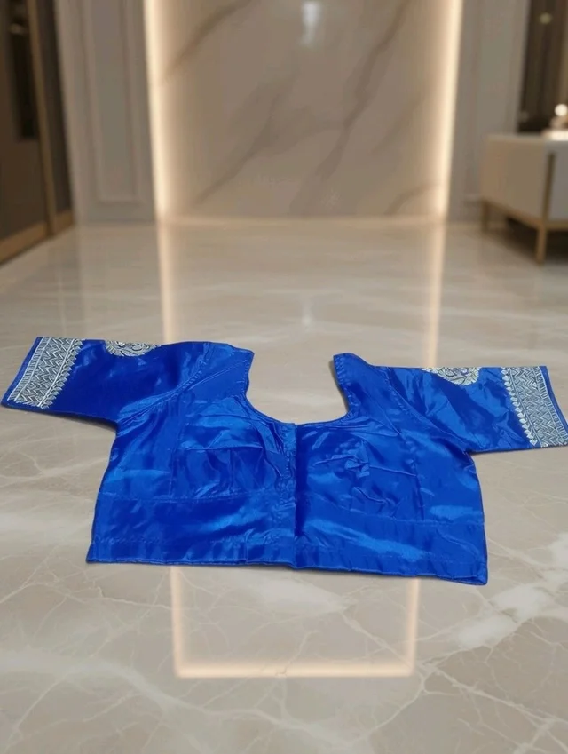 Blue Silk Designer Blouse – Round Neck & Deep V Back - 34, Blue
