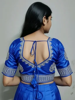 Blue Silk Designer Blouse – Round Neck & Deep V Back - 34, Blue