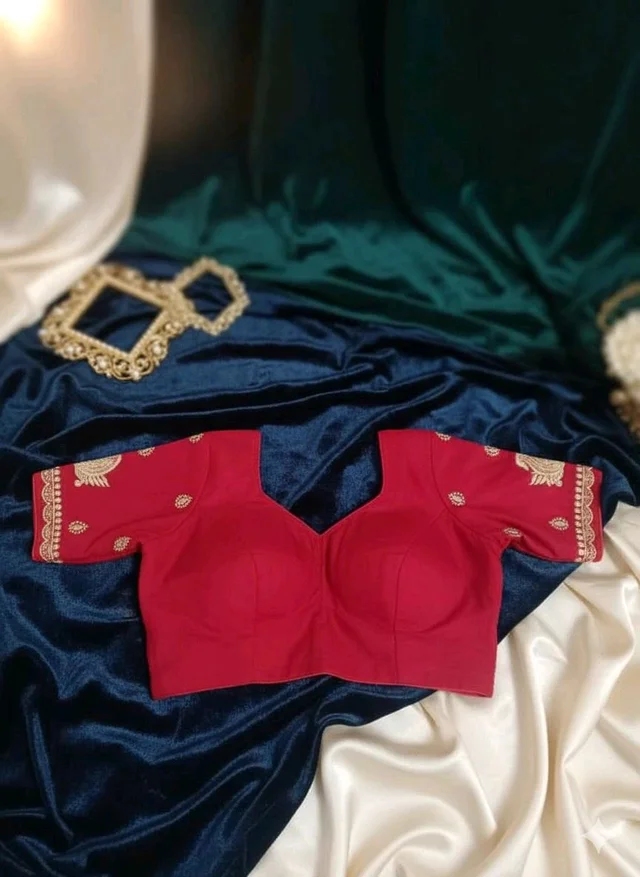Red Silk Blend Designer Embroidery Blouse – Round Neck & Deep U Back - 36, Red
