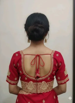 Red Silk Blend Designer Embroidery Blouse – Round Neck & Deep U Back - 36, Red