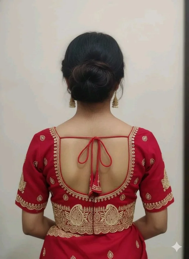 Red Silk Blend Designer Embroidery Blouse – Round Neck & Deep U Back - 36, Red