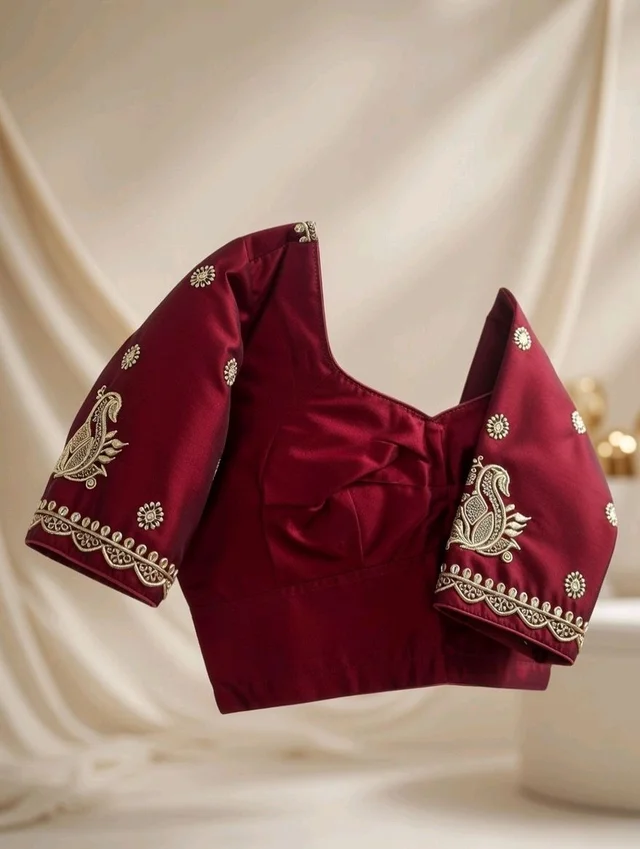 Maroon Embroidery Designer Blouse – Round Neck & Deep U Back - 34, Red Berry