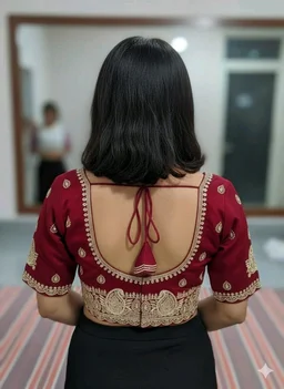Maroon Embroidery Designer Blouse – Round Neck & Deep U Back - 34, Red Berry