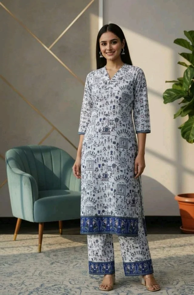 Women’s Premium Cotton Kurti Set – Front Deep V Neck & Back Round Neck | Stylish Printed Design - XXL, White