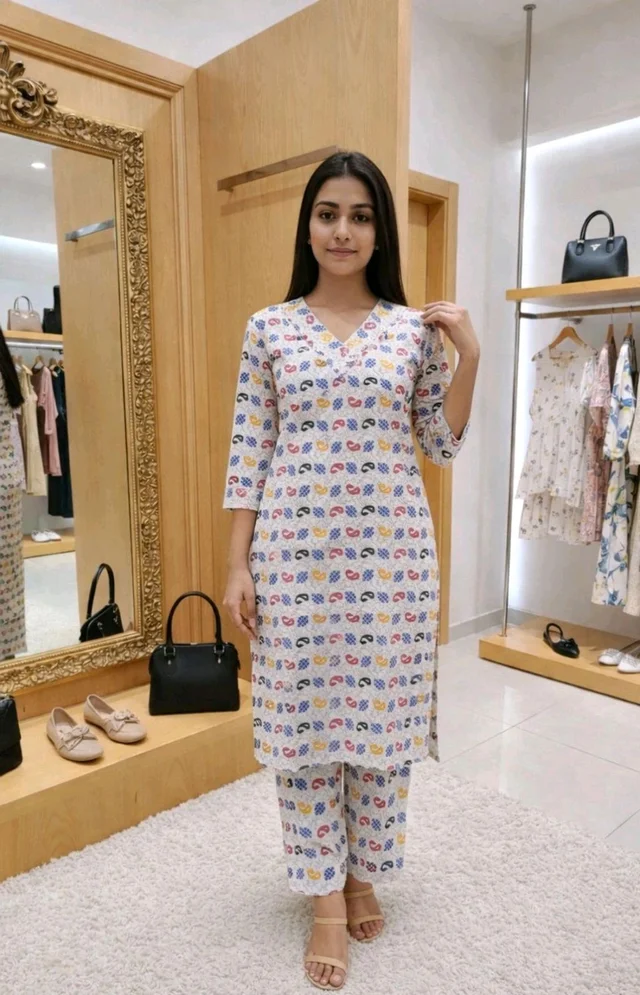 Women’s Premium Cotton Kurti Set – Front Deep V Neck & Back Round Neck | Knee-Length | Printed Design - XXL