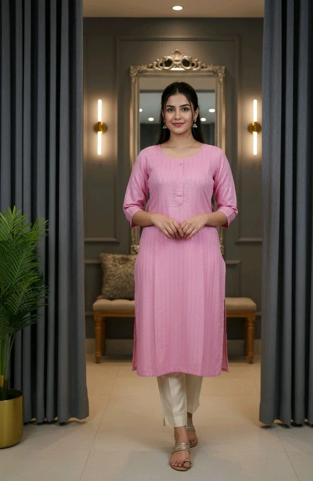 Women Solid Pink Cotton Blend Round Neck Kurti (M Size, 3/4 Sleeve) - M size
