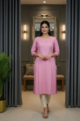Women Solid Pink Cotton Blend Round Neck Kurti (M Size, 3/4 Sleeve) - M size