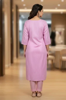 Women Solid Pink Cotton Blend Round Neck Kurti (M Size, 3/4 Sleeve) - M size