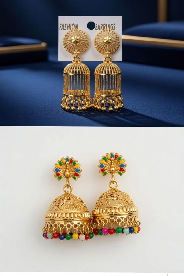 Traditional Gold Plated Jhumka Earrings Pack of 2 for Women (Peacock & Classic Design)