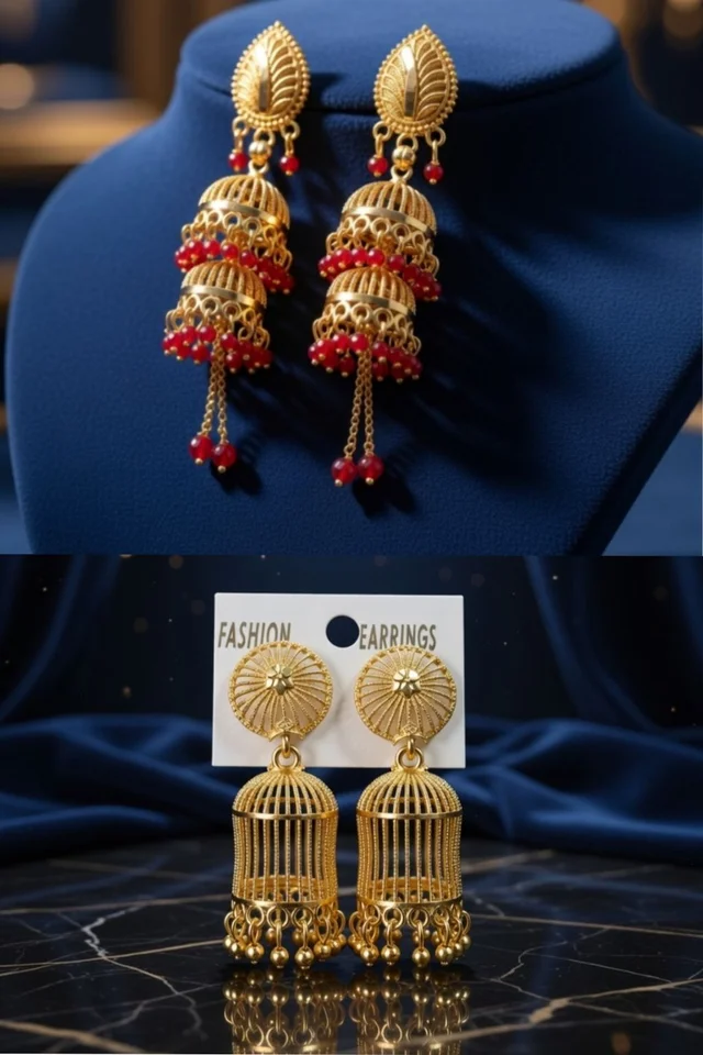 Traditional Gold Plated Jhumka Earrings Pack of 2 for Women (Red Beads & Classic Design)