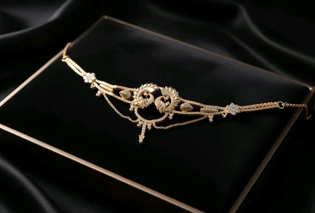 Gold Finish Peacock Design Necklace Set with Earrings and Adjustable Dori