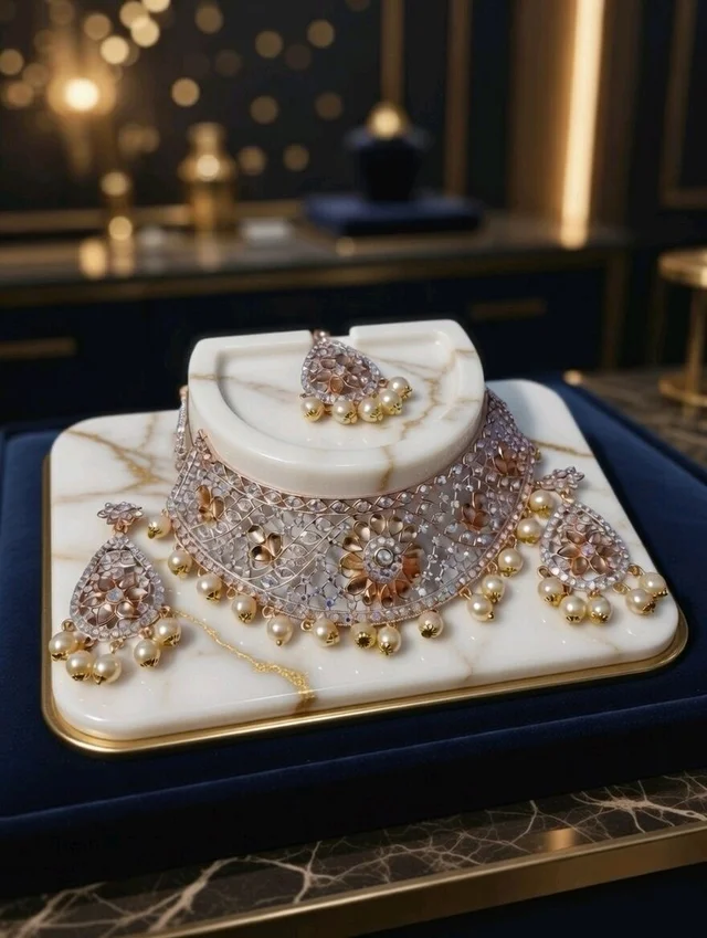 Gold Finish Traditional Choker Necklace Set with Earrings and Tikka with Adjustable Dori