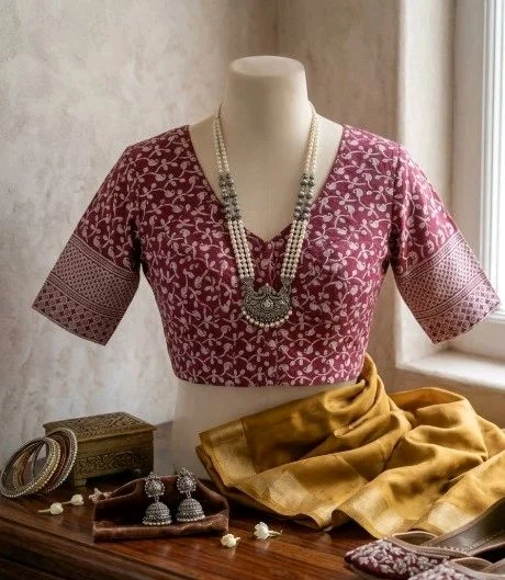 Maroon Printed Cotton Blouse – Front V Neck & Back Round Neck - 32 size
