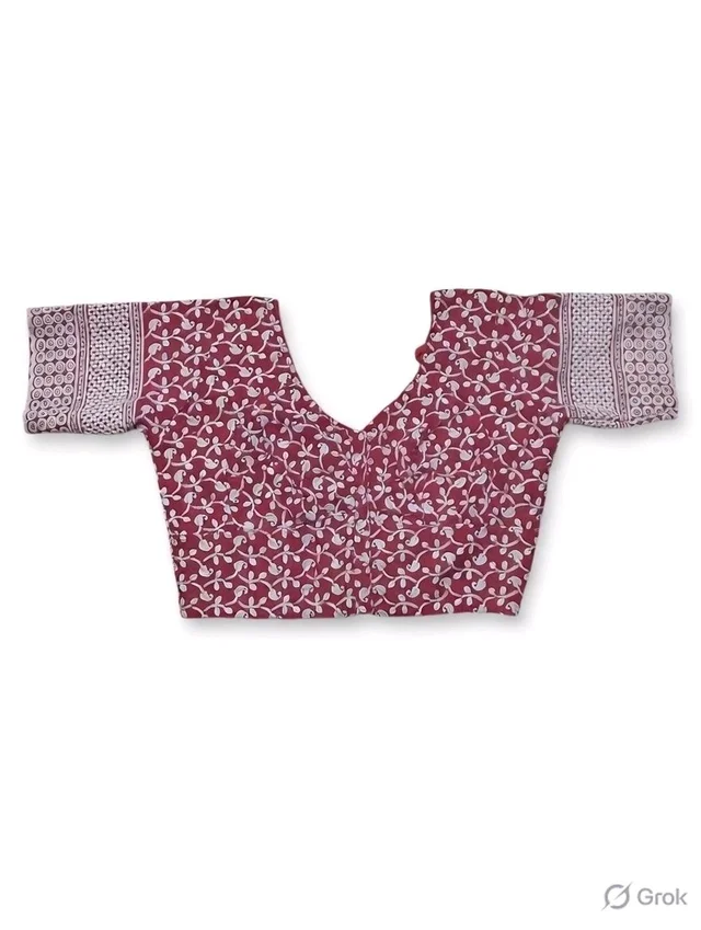 Maroon Printed Cotton Blouse – Front V Neck & Back Round Neck - 34 size