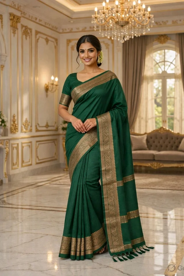 Blue Stone Cotton Green Handloom Saree with Golden Border | Elegant Traditional Saree for Women - 5.5 miter, Blue Stone