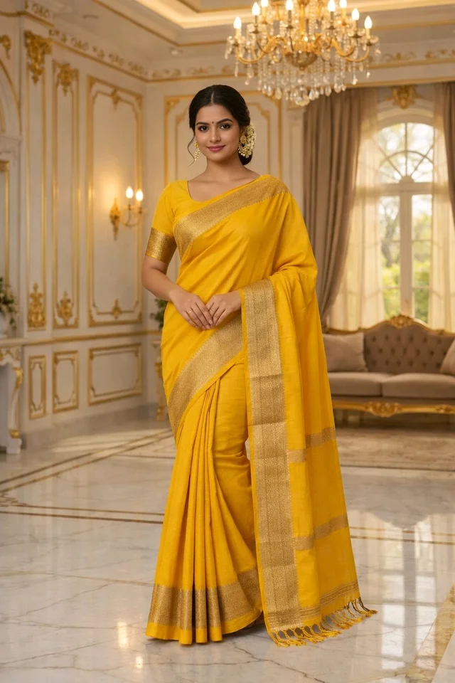 Yellow Fuliya Cotton Handloom Saree with Golden Border | Traditional Elegant Saree for Women - 5.5 miter, yellow