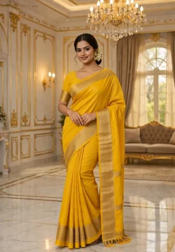 Yellow Fuliya Cotton Handloom Saree with Golden Border | Traditional Elegant Saree for Women - 5.5 miter, yellow