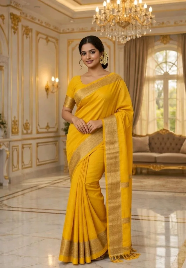 Yellow Fuliya Cotton Handloom Saree with Golden Border | Traditional Elegant Saree for Women - 5.5 miter, yellow