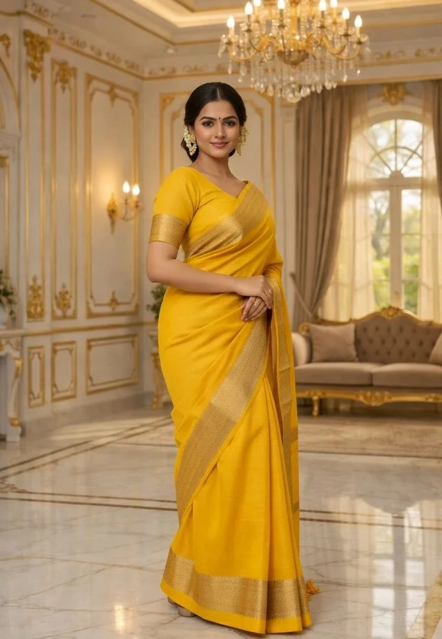 Yellow Fuliya Cotton Handloom Saree with Golden Border | Traditional Elegant Saree for Women - 5.5 miter, yellow