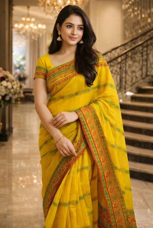  Yellow Tant Saree with Traditional Green & Red Border