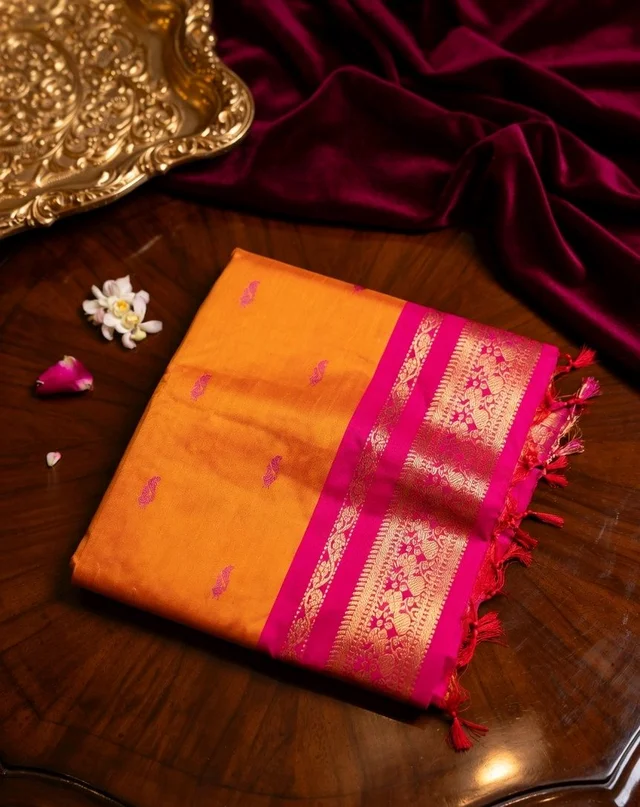 Kalyani Soft Cotton Silk Saree – Tangerine with Pink Zari Border with Blouse Piece 