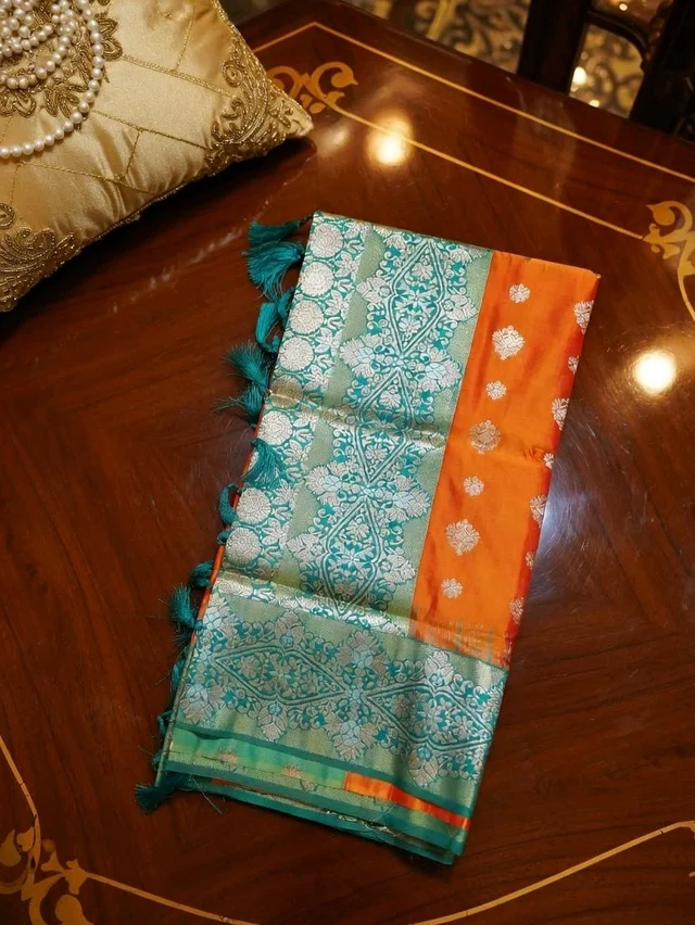 Flush Orange & Green Banarasi Style Silk Saree with Elegant Zari Buti With Blouse Piece - 5.5 miter