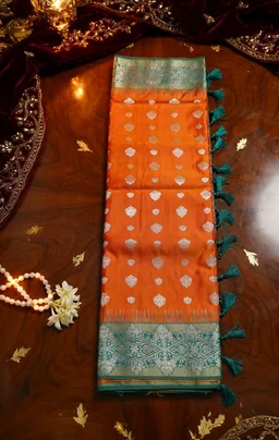 Flush Orange & Green Banarasi Style Silk Saree with Elegant Zari Buti With Blouse Piece - 5.5 miter