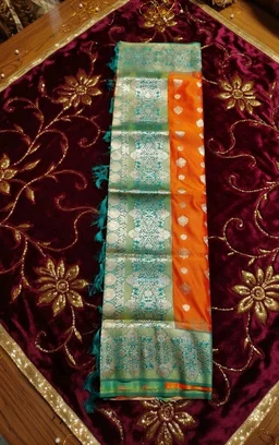 Flush Orange & Green Banarasi Style Silk Saree with Elegant Zari Buti With Blouse Piece - 5.5 miter