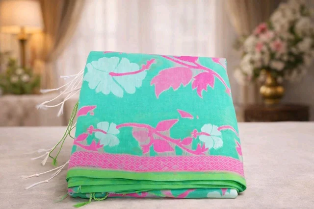 Spring Green Jamdani Handloom Soft Cotton Saree with Elegant Buti Design