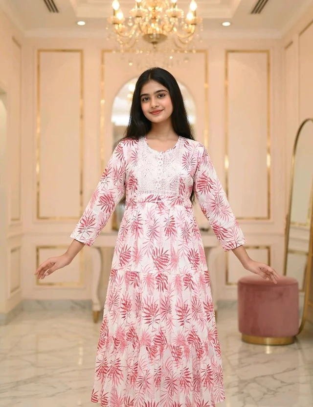 Elegant White & Rose Pink Floral Printed Cotton Gown