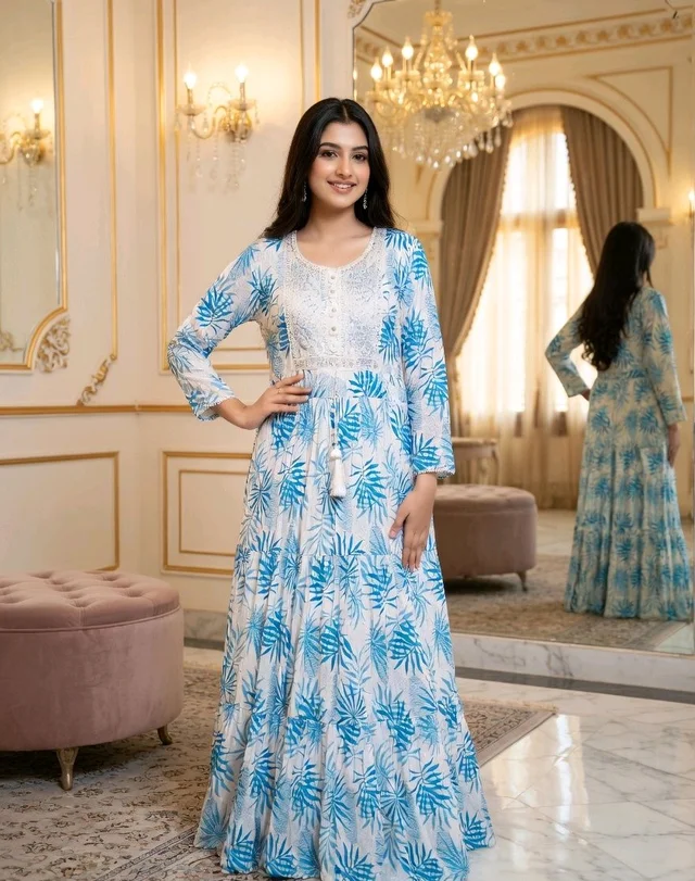 Elegant White & Azure Blue Floral Printed Cotton Gown
