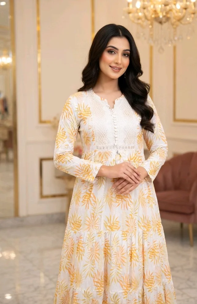 Elegant White & Golden Yellow Floral Printed Cotton Gown