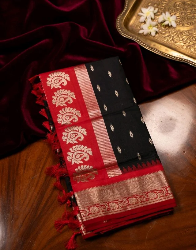Black & Red Banarasi Style Silk Saree with Golden Zari Work - 5.5 miter, Black