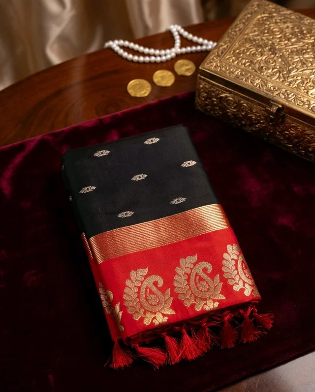 Black & Red Banarasi Style Silk Saree with Golden Zari Work - 5.5 miter, Black