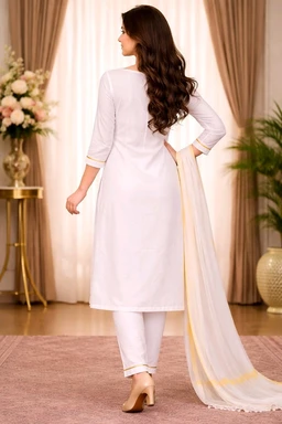 Elegant White & Red Cotton Churidar Set with V-Neck Front & Round Back Neck - XXL