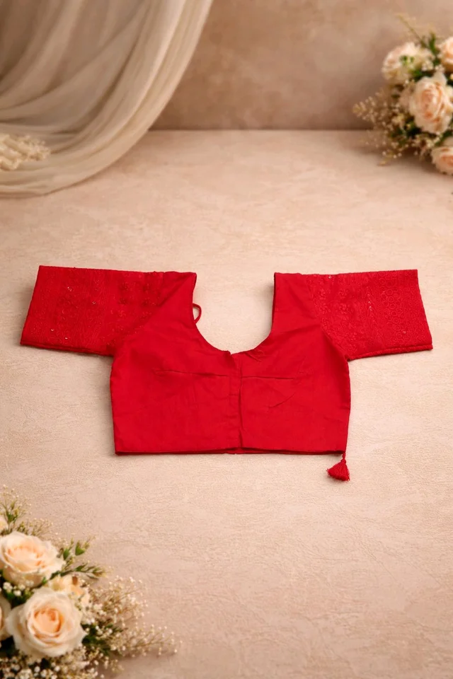 Red Cotton Chikankari Blouse with Sequin Work – Round Neck Front & Back - 34 size