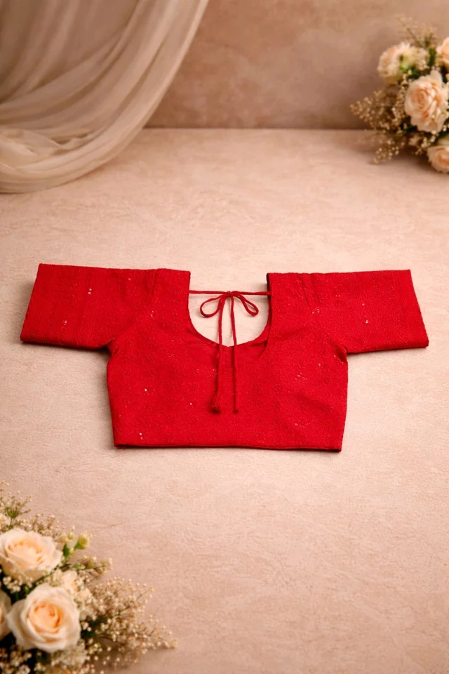 Red Cotton Chikankari Blouse with Sequin Work – Round Neck Front & Back - 34 size