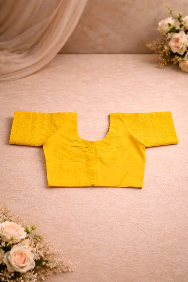 Yellow Cotton Chikankari Blouse with Sequin Work – Round Neck Front & Back (Size 32)