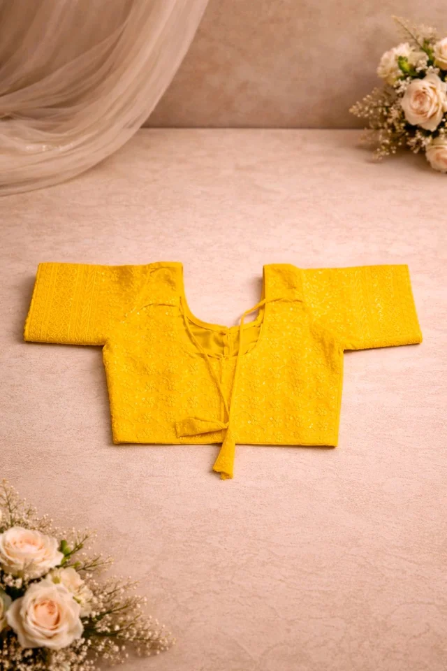 Yellow Cotton Chikankari Blouse with Sequin Work – Round Neck Front & Back (Size 32)