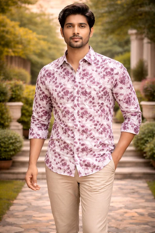 Men’s Cotton Floral Print Shirt | White & Mauve Casual Wear | Full Sleeve | Regular Fit | Size L