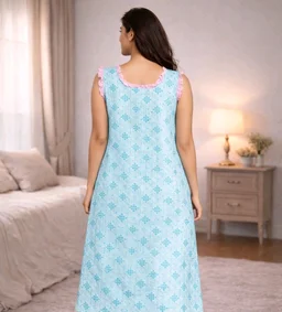 Women’s Cotton Nighty | Soft & Breathable Sleepwear | Sky Blue Printed | Sleeveless | Free Size
