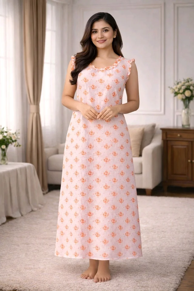 Women’s Cotton Nighty | Orange Printed Sleepwear | Soft & Comfortable | Short Sleeve | Free Size | Back Tie-Up