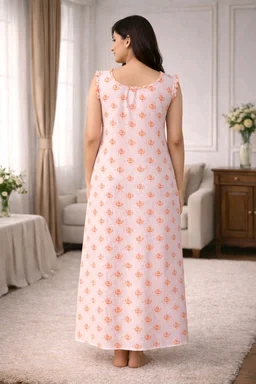 Women’s Cotton Nighty | Orange Printed Sleepwear | Soft & Comfortable | Short Sleeve | Free Size | Back Tie-Up