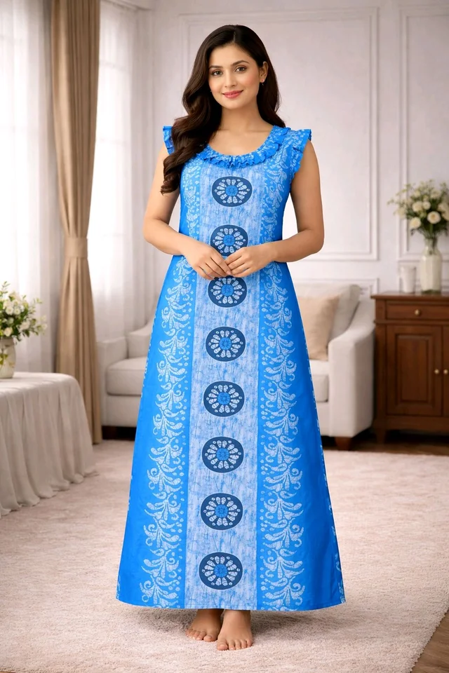 Women’s Cotton Nighty | Blue Printed Sleepwear | Back Tie-Up Design | Soft & Comfortable | Sleeveless | Free Size