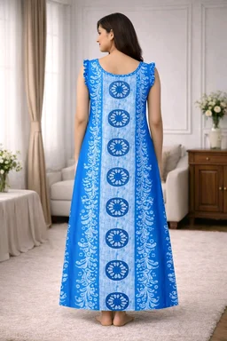 Women’s Cotton Nighty | Blue Printed Sleepwear | Back Tie-Up Design | Soft & Comfortable | Sleeveless | Free Size