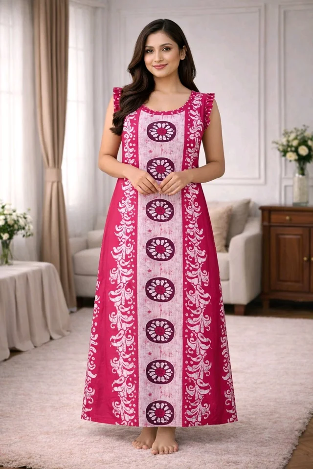 Women’s Cotton Nighty | Dark Pink Printed Sleepwear | Back Tie-Up Design | Soft & Comfortable | Sleeveless | Free Size