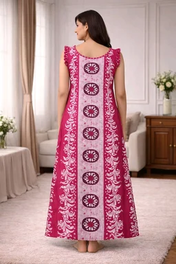 Women’s Cotton Nighty | Dark Pink Printed Sleepwear | Back Tie-Up Design | Soft & Comfortable | Sleeveless | Free Size